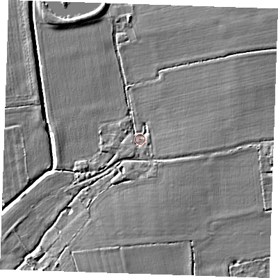 Shaded relief map of the ground around RM143RS, computed from Environment Agency LiDAR. The ground here sits at about 5 m above sea level and falls 5 m across the surrounding 800 m. Surface water reaching this point runs off ground lying to the east, 2.6 m higher.
