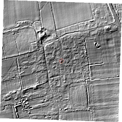 Shaded relief map of the ground around RM143RX, computed from Environment Agency LiDAR. The ground here sits at about 7 m above sea level and falls 5 m across the surrounding 800 m. Surface water reaching this point runs off ground lying to the north-north-east, 2.2 m higher.
