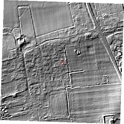 Shaded relief map of the ground around RM143SB, computed from Environment Agency LiDAR. The ground here sits at about 8 m above sea level and falls 7 m across the surrounding 800 m. Surface water reaching this point runs off ground lying to the north, 1.9 m higher.
