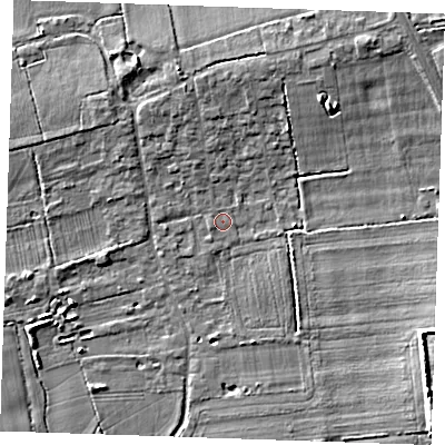 Shaded relief map of the ground around RM143SD, computed from Environment Agency LiDAR. The ground here sits at about 6 m above sea level and falls 7 m across the surrounding 800 m. Surface water reaching this point runs off ground lying to the north-north-west, 0.8 m higher.