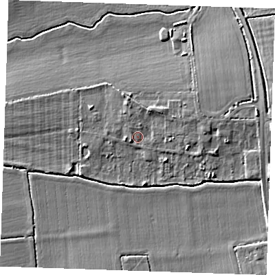 Shaded relief map of the ground around RM143SP, computed from Environment Agency LiDAR. The ground here sits at about 8 m above sea level and falls 6 m across the surrounding 800 m. Surface water reaching this point runs off ground lying to the east-north-east, 1.9 m higher.