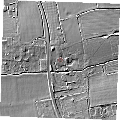 Shaded relief map of the ground around RM143SR, computed from Environment Agency LiDAR. The ground here sits at about 10 m above sea level and falls 7 m across the surrounding 800 m. Surface water reaching this point runs off ground lying to the north-north-west, 1.5 m higher.