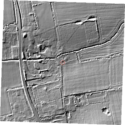 Shaded relief map of the ground around RM143SS, computed from Environment Agency LiDAR. The ground here sits at about 9 m above sea level and falls 8 m across the surrounding 800 m. Surface water reaching this point runs off ground lying to the south-east, 6.9 m higher.