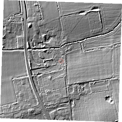 Shaded relief map of the ground around RM143ST, computed from Environment Agency LiDAR. The ground here sits at about 9 m above sea level and falls 10 m across the surrounding 800 m. Surface water reaching this point runs off ground lying to the south-east, 6.6 m higher.