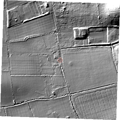 Shaded relief map of the ground around RM143TD, computed from Environment Agency LiDAR. The ground here sits at about 20 m above sea level and falls 34 m across the surrounding 800 m. Surface water reaching this point runs off ground lying to the east-south-east, 8.9 m higher.