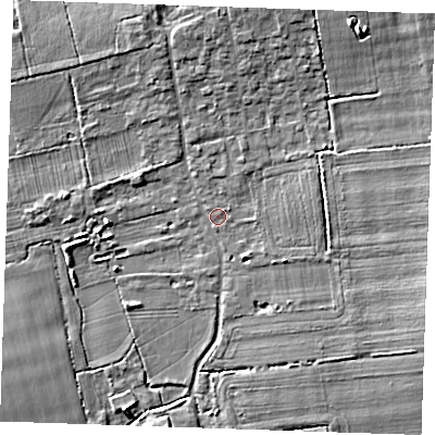 Shaded relief map of the ground around RM143TR, computed from Environment Agency LiDAR. The ground here sits at about 6 m above sea level and falls 5 m across the surrounding 800 m. Surface water reaching this point runs off ground lying to the north-east, 4.4 m higher.
