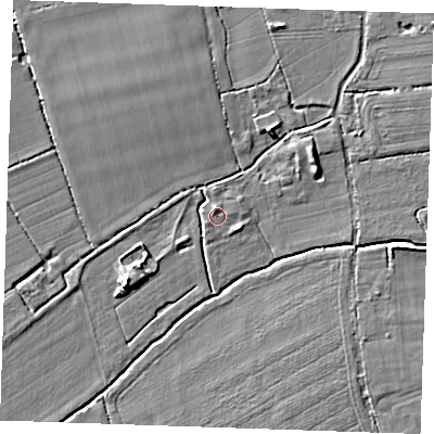 Shaded relief map of the ground around RM143TS, computed from Environment Agency LiDAR. The ground here sits at about 6 m above sea level and falls 5 m across the surrounding 800 m. Surface water reaching this point runs off ground lying to the north-north-west, 0.9 m higher.