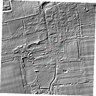 Shaded relief map of the ground around RM143TT, computed from Environment Agency LiDAR. The ground here sits at about 6 m above sea level and falls 5 m across the surrounding 800 m. Surface water reaching this point runs off ground lying to the north-north-east, 3.5 m higher.