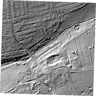 Shaded relief map of the ground around RM143YT, computed from Environment Agency LiDAR. The ground here sits at about 14 m above sea level and falls 11 m across the surrounding 800 m. Surface water reaching this point runs off ground lying to the east-south-east, 9.4 m higher.