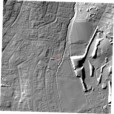 Shaded relief map of the ground around RM14AE, computed from Environment Agency LiDAR. The ground here sits at about 35 m above sea level and falls 21 m across the surrounding 800 m. Surface water reaching this point runs off ground lying to the north-north-west, 4.8 m higher.