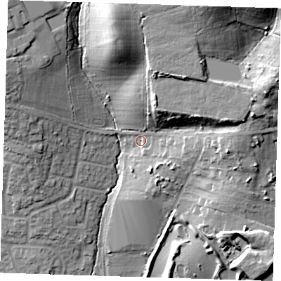 Shaded relief map of the ground around RM14DG, computed from Environment Agency LiDAR. The ground here sits at about 42 m above sea level and falls 35 m across the surrounding 800 m. Surface water reaching this point runs off ground lying to the north-north-east, 28.1 m higher.