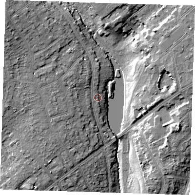Shaded relief map of the ground around RM14DY, computed from Environment Agency LiDAR. The ground here sits at about 27 m above sea level and falls 17 m across the surrounding 800 m. Surface water reaching this point runs off ground lying to the north-west, 3.3 m higher.