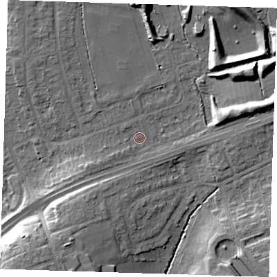 Shaded relief map of the ground around RM14PP, computed from Environment Agency LiDAR. The ground here sits at about 30 m above sea level and falls 15 m across the surrounding 800 m. Surface water reaching this point runs off ground lying to the west-south-west, 3.7 m higher.