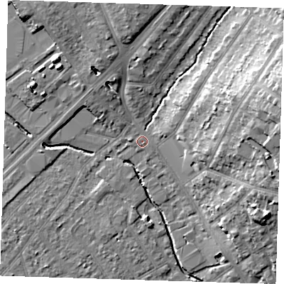Shaded relief map of the ground around RM14QA, computed from Environment Agency LiDAR. The ground here sits at about 17 m above sea level and falls 19 m across the surrounding 800 m. Surface water reaching this point runs off ground lying to the east-north-east, 15.7 m higher.
