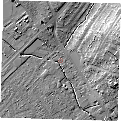 Shaded relief map of the ground around RM14QB, computed from Environment Agency LiDAR. The ground here sits at about 16 m above sea level and falls 20 m across the surrounding 800 m. Surface water reaching this point runs off ground lying to the north-north-west, 6.9 m higher.