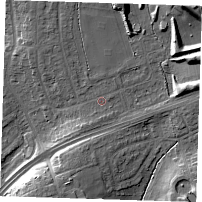 Shaded relief map of the ground around RM14XH, computed from Environment Agency LiDAR. The ground here sits at about 31 m above sea level and falls 16 m across the surrounding 800 m. Surface water reaching this point runs off ground lying to the north-west, 1.7 m higher.