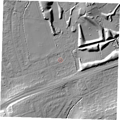 Shaded relief map of the ground around RM14XJ, computed from Environment Agency LiDAR. The ground here sits at about 30 m above sea level and falls 18 m across the surrounding 800 m. Surface water reaching this point runs off ground lying to the north-north-west, 11.8 m higher.