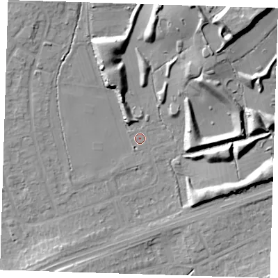 Shaded relief map of the ground around RM14XL, computed from Environment Agency LiDAR. The ground here sits at about 31 m above sea level and falls 25 m across the surrounding 800 m. Surface water reaching this point runs off ground lying to the north-north-east, 16.7 m higher.