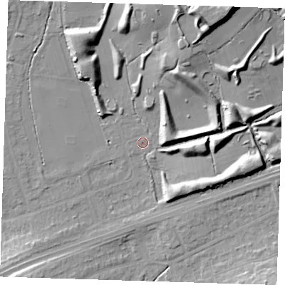 Shaded relief map of the ground around RM14XP, computed from Environment Agency LiDAR. The ground here sits at about 31 m above sea level and falls 25 m across the surrounding 800 m. Surface water reaching this point runs off ground lying to the north-north-east, 20.6 m higher.