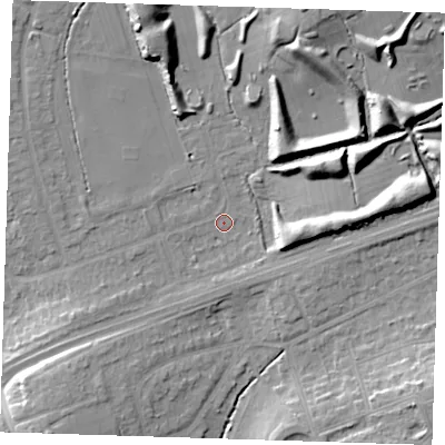 Shaded relief map of the ground around RM14XR, computed from Environment Agency LiDAR. The ground here sits at about 30 m above sea level and falls 17 m across the surrounding 800 m. Surface water reaching this point runs off ground lying to the west-south-west, 3.7 m higher.