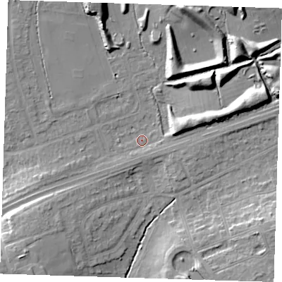 Shaded relief map of the ground around RM14XS, computed from Environment Agency LiDAR. The ground here sits at about 29 m above sea level and falls 16 m across the surrounding 800 m. Surface water reaching this point runs off ground lying to the west-south-west, 3.6 m higher.