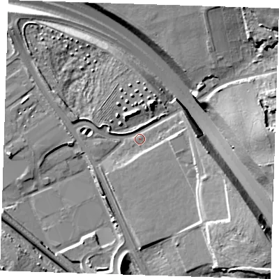 Shaded relief map of the ground around RM154DT, computed from Environment Agency LiDAR. The ground here sits at about 5 m above sea level and falls 20 m across the surrounding 800 m. Surface water reaching this point runs off ground lying to the east-south-east, 7.6 m higher.