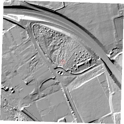 Shaded relief map of the ground around RM154EW, computed from Environment Agency LiDAR. The ground here sits at about 5 m above sea level and falls 20 m across the surrounding 800 m. Surface water reaching this point runs off ground lying to the east, 7.5 m higher.