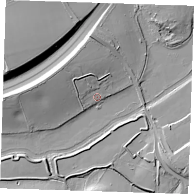 Shaded relief map of the ground around RM154HQ, computed from Environment Agency LiDAR. The ground here sits at about 4 m above sea level and falls 18 m across the surrounding 800 m. Surface water reaching this point runs off ground lying to the north-west, 7.2 m higher.
