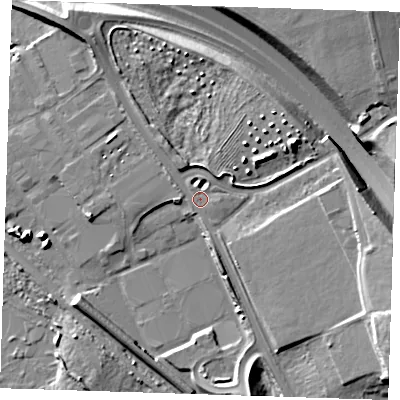Shaded relief map of the ground around RM154XT, computed from Environment Agency LiDAR. The ground here sits at about 4 m above sea level and falls 17 m across the surrounding 800 m. Surface water reaching this point runs off ground lying to the east-north-east, 8.8 m higher.