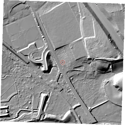 Shaded relief map of the ground around RM154XU, computed from Environment Agency LiDAR. The ground here sits at about 3 m above sea level and falls 19 m across the surrounding 800 m. Surface water reaching this point runs off ground lying to the east-north-east, 14.4 m higher.