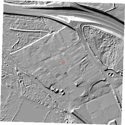 Shaded relief map of the ground around RM154YA, computed from Environment Agency LiDAR. The ground here sits at about 4 m above sea level and falls 12 m across the surrounding 800 m. Surface water reaching this point runs off ground lying to the north-east, 0.8 m higher.