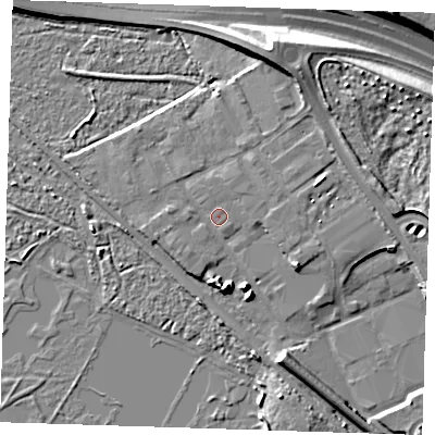 Shaded relief map of the ground around RM154YD, computed from Environment Agency LiDAR. The ground here sits at about 3 m above sea level and falls 10 m across the surrounding 800 m. Surface water reaching this point runs off ground lying to the north-east, 4.4 m higher.
