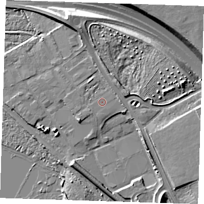 Shaded relief map of the ground around RM154YE, computed from Environment Agency LiDAR. The ground here sits at about 4 m above sea level and falls 16 m across the surrounding 800 m. Surface water reaching this point runs off ground lying to the east-north-east, 1.0 m higher.