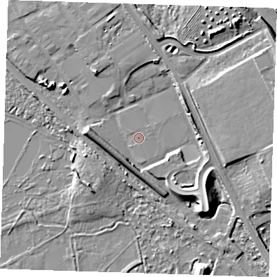 Shaded relief map of the ground around RM154YF, computed from Environment Agency LiDAR. The ground here sits at about 2 m above sea level and falls 12 m across the surrounding 800 m. Surface water reaching this point runs off ground lying to the west, 5.4 m higher.