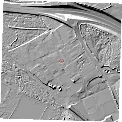 Shaded relief map of the ground around RM154YG, computed from Environment Agency LiDAR. The ground here sits at about 4 m above sea level and falls 12 m across the surrounding 800 m. Surface water reaching this point runs off ground lying to the east-north-east, 0.7 m higher.