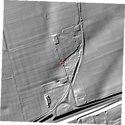 Shaded relief map of the ground around RM163BD, computed from Environment Agency LiDAR. The ground here sits at about 26 m above sea level and falls 14 m across the surrounding 800 m. Surface water reaching this point runs off ground lying to the south-south-west, 7.8 m higher.