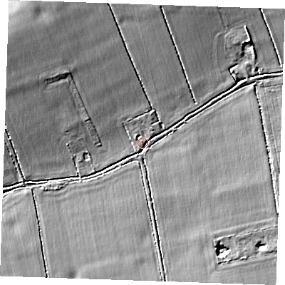 Shaded relief map of the ground around RM163EL, computed from Environment Agency LiDAR. The ground here sits at about 6 m above sea level and falls 7 m across the surrounding 800 m. Surface water reaching this point runs off ground lying to the north-north-west, 5.4 m higher.