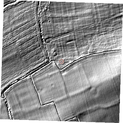 Shaded relief map of the ground around RM163HX, computed from Environment Agency LiDAR. The ground here sits at about 6 m above sea level and falls 9 m across the surrounding 800 m. Surface water reaching this point runs off ground lying to the east-south-east, 1.3 m higher.