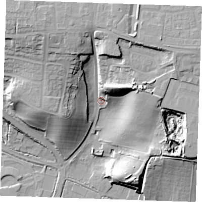 Shaded relief map of the ground around RM164DL, computed from Environment Agency LiDAR. The ground here sits at about 8 m above sea level and falls 33 m across the surrounding 800 m. Surface water reaching this point runs off ground lying to the east-north-east, 25.9 m higher.