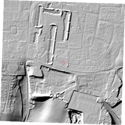 Shaded relief map of the ground around RM164LD, computed from Environment Agency LiDAR. The ground here sits at about 30 m above sea level and falls 29 m across the surrounding 800 m. Surface water reaching this point runs off ground lying to the south-east, 1.0 m higher.