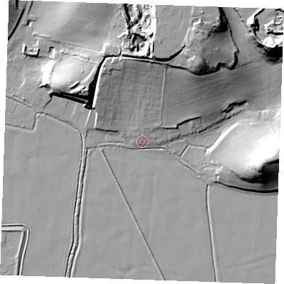 Shaded relief map of the ground around RM164LT, computed from Environment Agency LiDAR. The ground here sits at about 2 m above sea level and falls 37 m across the surrounding 800 m. Surface water reaching this point runs off ground lying to the north-north-east, 25.8 m higher.