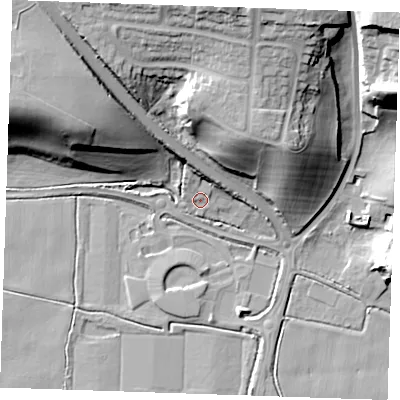 Shaded relief map of the ground around RM164LU, computed from Environment Agency LiDAR. The ground here sits at about 2 m above sea level and falls 31 m across the surrounding 800 m. Surface water reaching this point runs off ground lying to the north, 7.0 m higher.