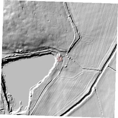 Shaded relief map of the ground around RM165TZ, computed from Environment Agency LiDAR. The ground here sits at about 5 m above sea level and falls 23 m across the surrounding 800 m. Surface water reaching this point runs off ground lying to the north-west, 10.9 m higher.