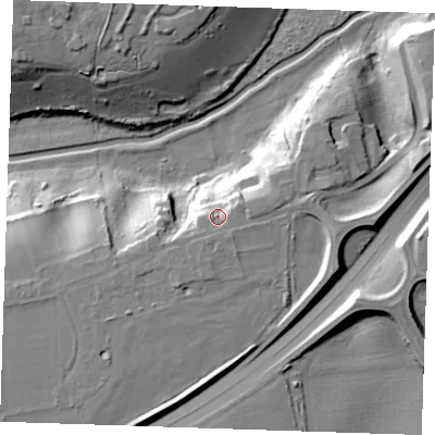 Shaded relief map of the ground around RM165UE, computed from Environment Agency LiDAR. The ground here sits at about 19 m above sea level and falls 22 m across the surrounding 800 m. Surface water reaching this point runs off ground lying to the south-south-west, 4.2 m higher.