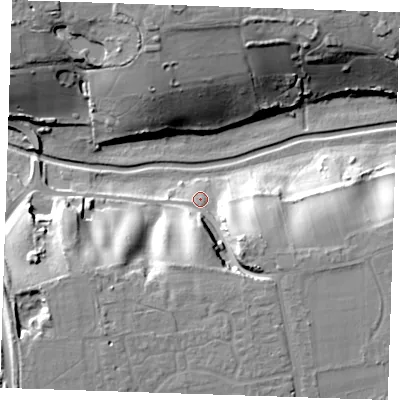 Shaded relief map of the ground around RM165UJ, computed from Environment Agency LiDAR. The ground here sits at about 6 m above sea level and falls 24 m across the surrounding 800 m. Surface water reaching this point runs off ground lying to the south-east, 14.6 m higher.