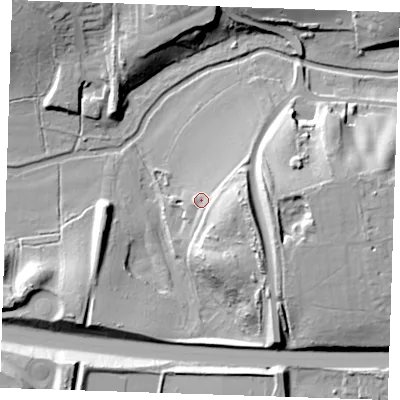 Shaded relief map of the ground around RM165UL, computed from Environment Agency LiDAR. The ground here sits at about 8 m above sea level and falls 22 m across the surrounding 800 m. Surface water reaching this point runs off ground lying to the east-south-east, 10.3 m higher.