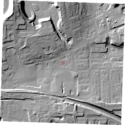 Shaded relief map of the ground around RM175DF, computed from Environment Agency LiDAR. The ground here sits at about 5 m above sea level and falls 27 m across the surrounding 800 m. Surface water reaching this point runs off ground lying to the east-north-east, 13.6 m higher.