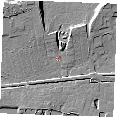 Shaded relief map of the ground around RM175FG, computed from Environment Agency LiDAR. The ground here sits at about 6 m above sea level and falls 16 m across the surrounding 800 m. Surface water reaching this point runs off ground lying to the north, 3.9 m higher.