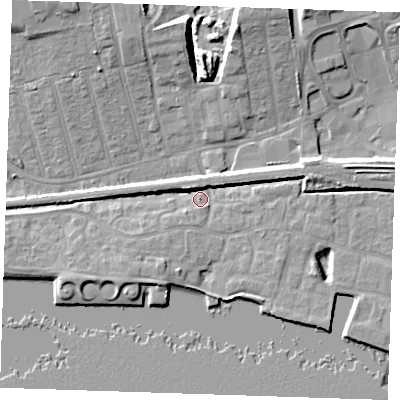Shaded relief map of the ground around RM175WX, computed from Environment Agency LiDAR. The ground here sits at about 4 m above sea level and falls 12 m across the surrounding 800 m. Surface water reaching this point runs off ground lying to the east, 6.0 m higher.