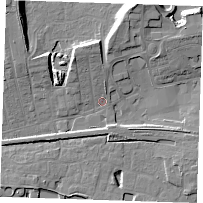 Shaded relief map of the ground around RM175XX, computed from Environment Agency LiDAR. The ground here sits at about 5 m above sea level and falls 16 m across the surrounding 800 m. Surface water reaching this point runs off ground lying to the north, 6.3 m higher.